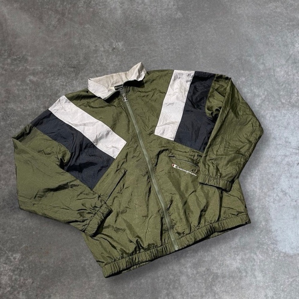 Vintage Champion Track Jacket Men's Large Green Color Block Windbreaker Athletic